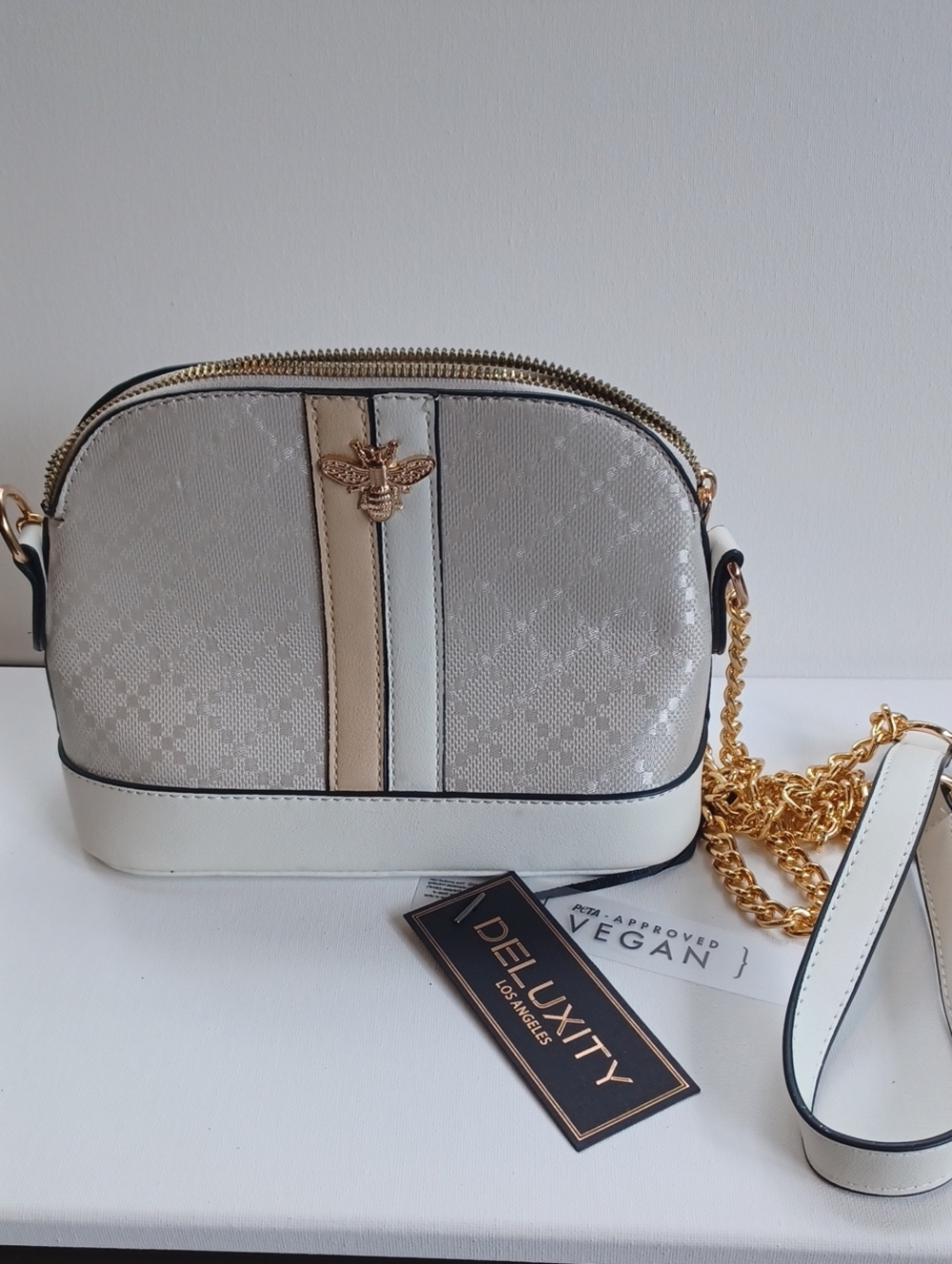 Deluxity White & Cream Crossbody Bag with Gold Chain and Bee Emblem